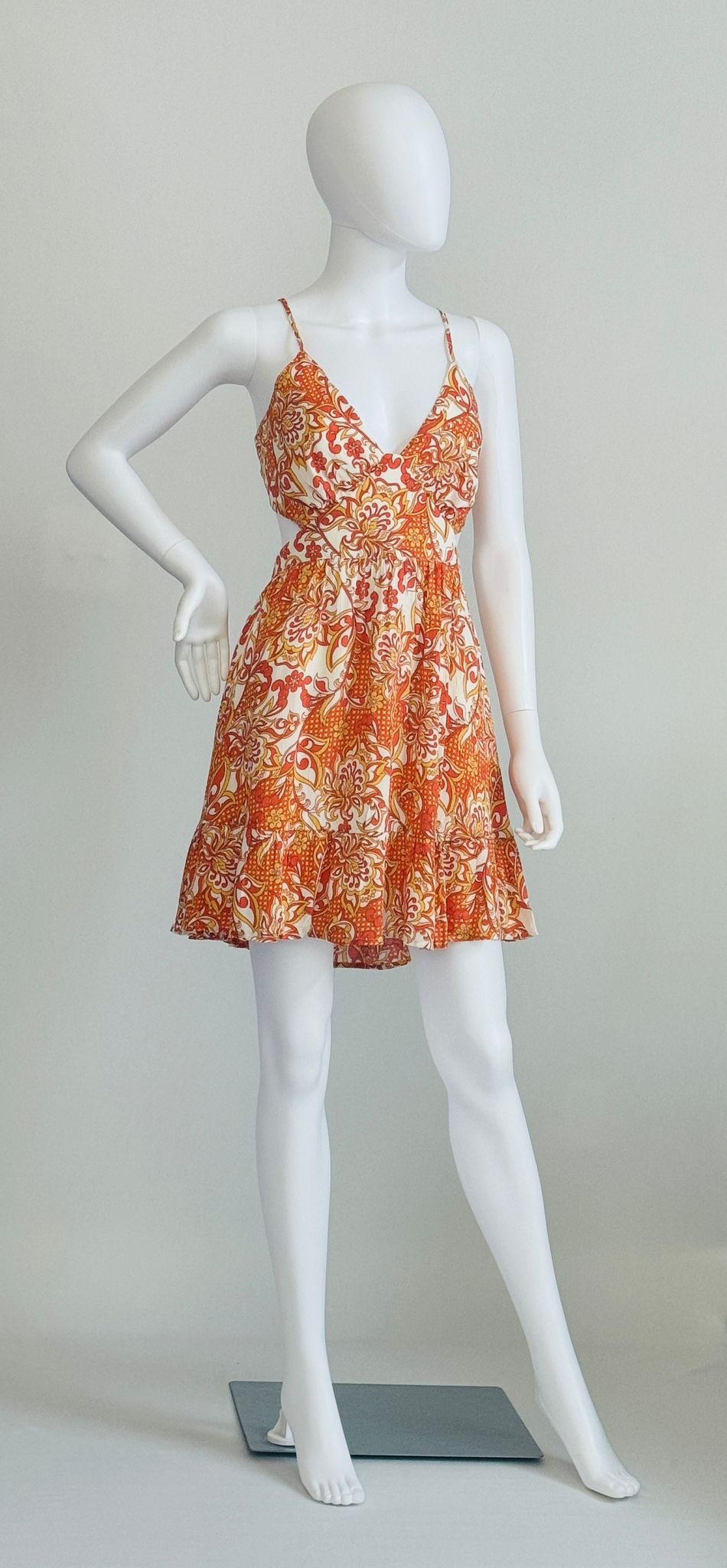 Alba - Orange Retro Print Mini Dress With Back Tie