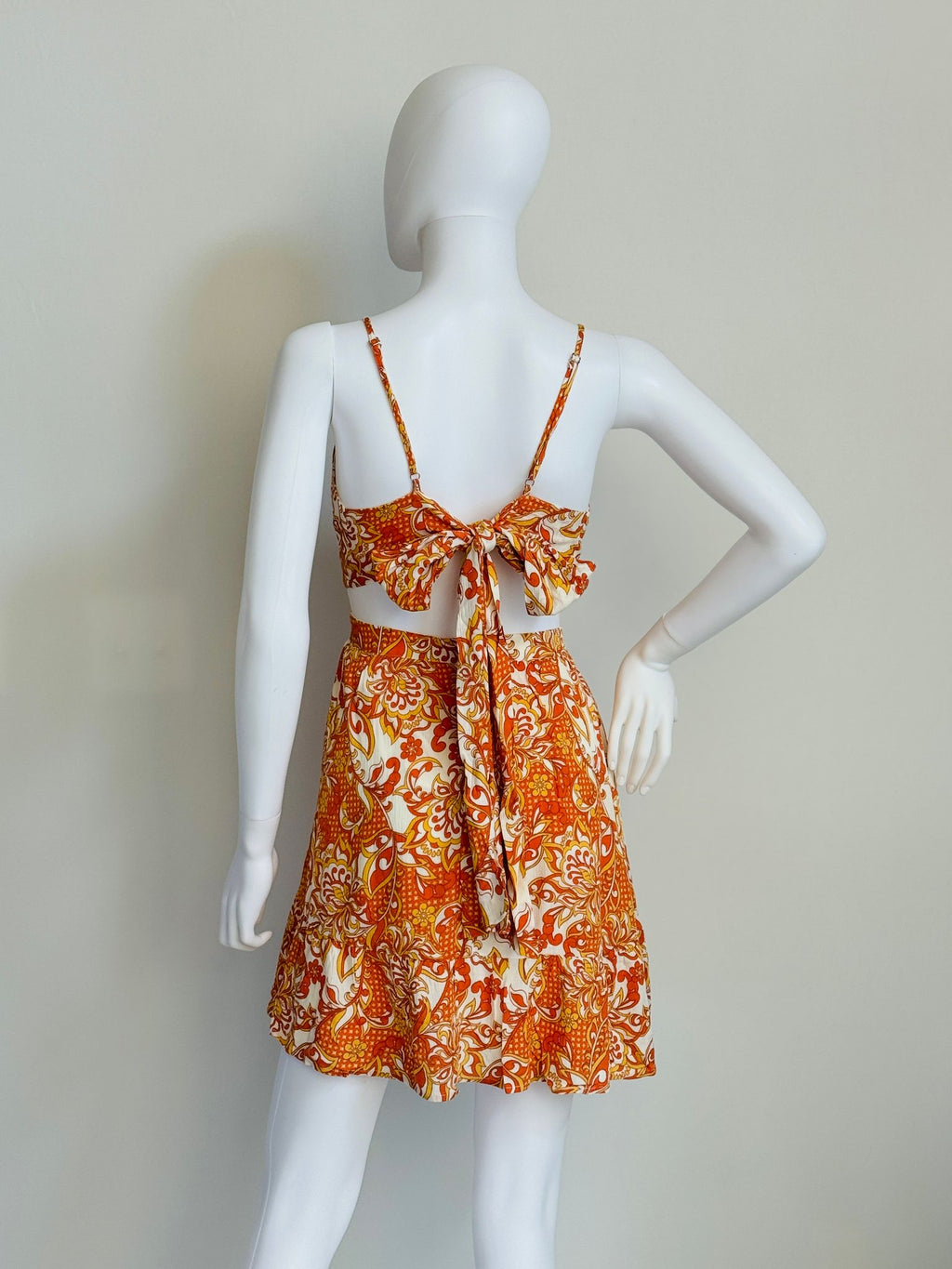 Alba - Orange Retro Print Mini Dress With Back Tie