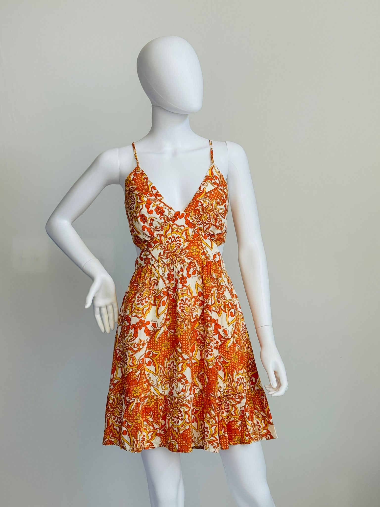 Alba - Orange Retro Print Mini Dress With Back Tie